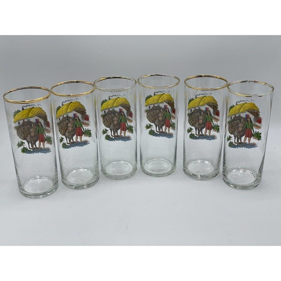 Vintage MCM Barware Water Cocktail Highball Glasses Donkey Villager Motif Set 6 - Picture 6 of 7
